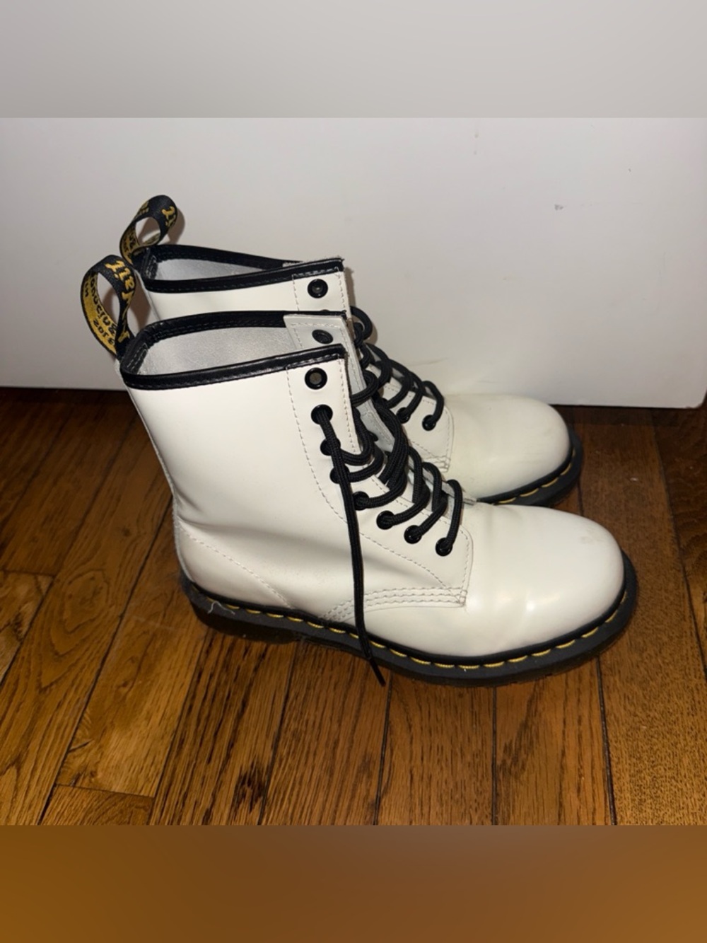 White Dc. Martens Lace-Up Combat Boots with Black Trim